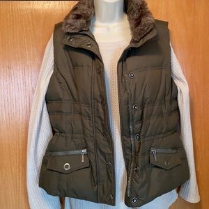Olive Green Goose Down Vest with removable collar.